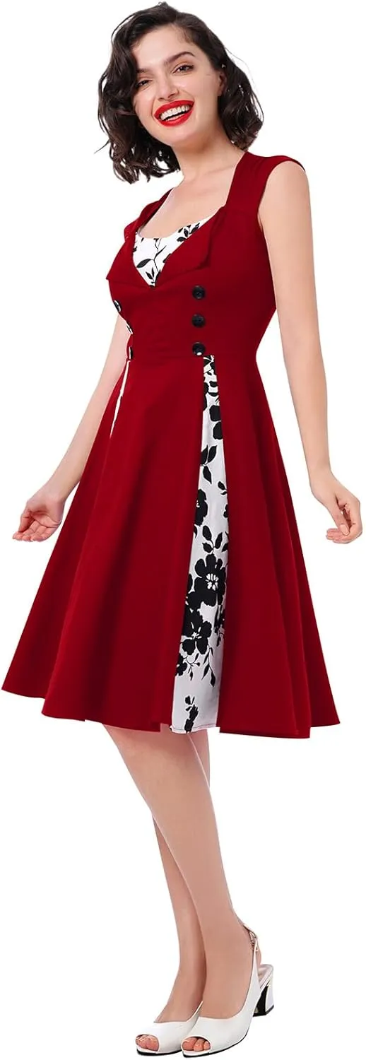 Women 1950s Dresses Vintage Sleeveless Spliced Floral/Polka Dots A Line Swing Midi Dress Cocktail Party Evening Gown