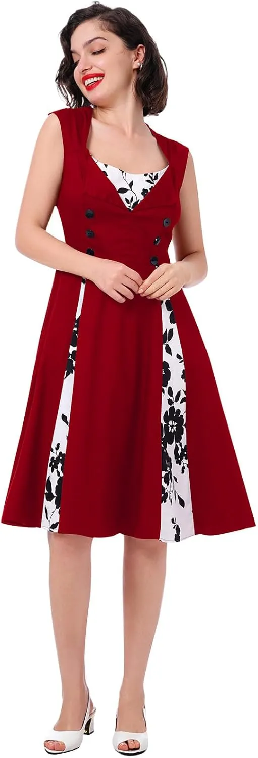 Women 1950s Dresses Vintage Sleeveless Spliced Floral/Polka Dots A Line Swing Midi Dress Cocktail Party Evening Gown
