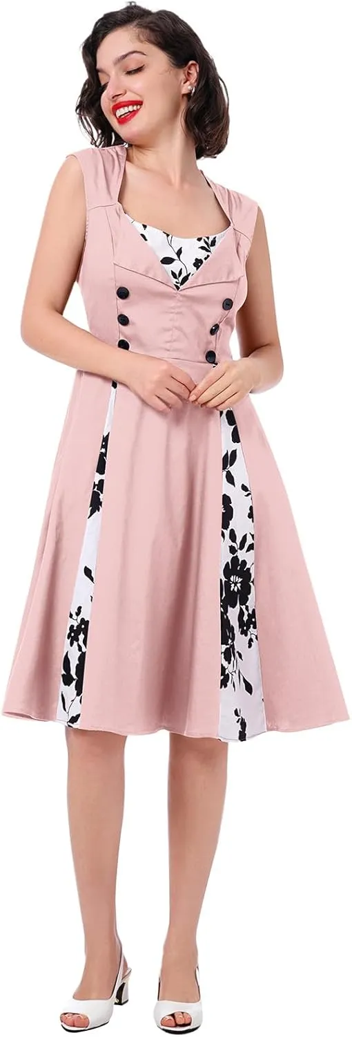 Women 1950s Dresses Vintage Sleeveless Spliced Floral/Polka Dots A Line Swing Midi Dress Cocktail Party Evening Gown
