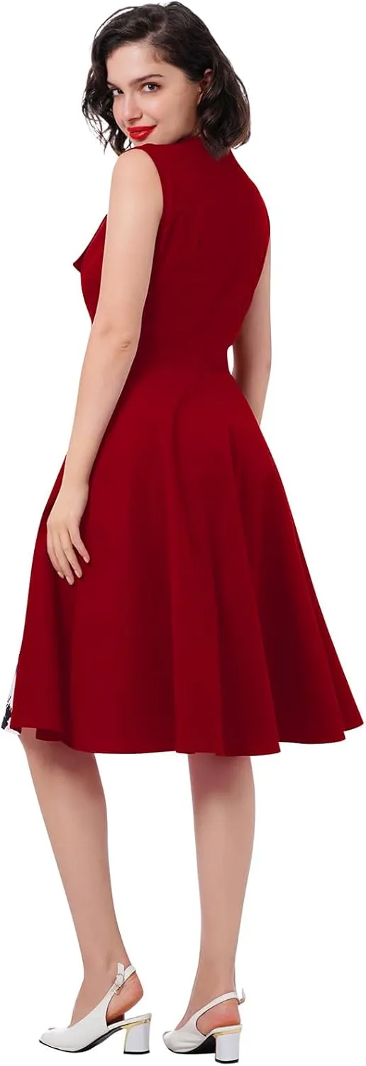 Women 1950s Dresses Vintage Sleeveless Spliced Floral/Polka Dots A Line Swing Midi Dress Cocktail Party Evening Gown