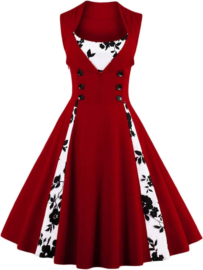 Women 1950s Dresses Vintage Sleeveless Spliced Floral/Polka Dots A Line Swing Midi Dress Cocktail Party Evening Gown