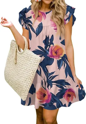Women Babydoll Summer Casual Crew Neck Ruffle Sleeve Sleeveless Flowy Mini Short Tunic Dress Floral Print Pleated Dress2-Pink,Small