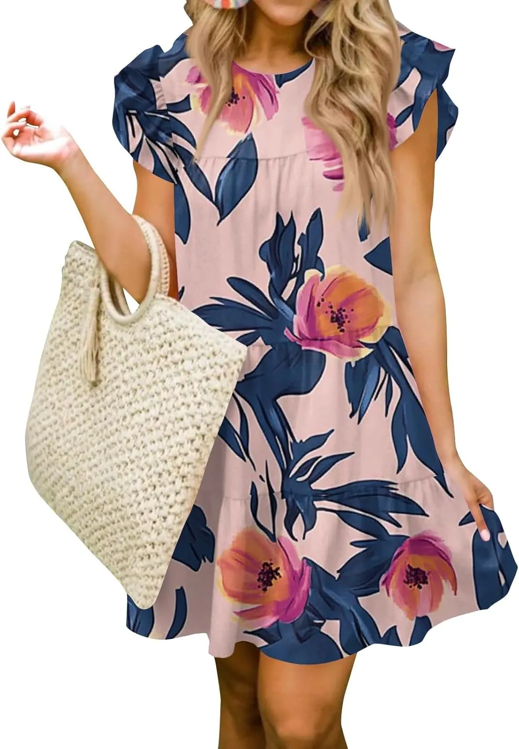 Women Babydoll Summer Casual Crew Neck Ruffle Sleeve Sleeveless Flowy Mini Short Tunic Dress Floral Print Pleated Dress2-Pink,Small
