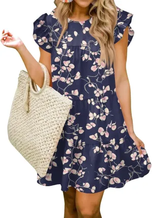 Women Babydoll Summer Casual Crew Neck Ruffle Sleeve Sleeveless Flowy Mini Short Tunic Dress Floral Print Pleated Dress4-Dark Purple,X-Large