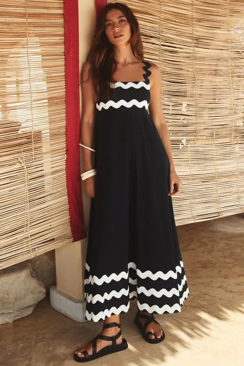 Women Boho Summer Dresses Vacation Spaghetti Strap Backless Trim Tiered A-Line Long Sundress Wedding Guest Dresses