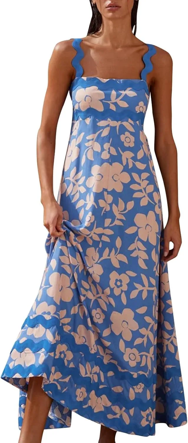 Women Boho Summer Dresses Vacation Spaghetti Strap Backless Trim Tiered A-Line Long Sundress Wedding Guest Dresses