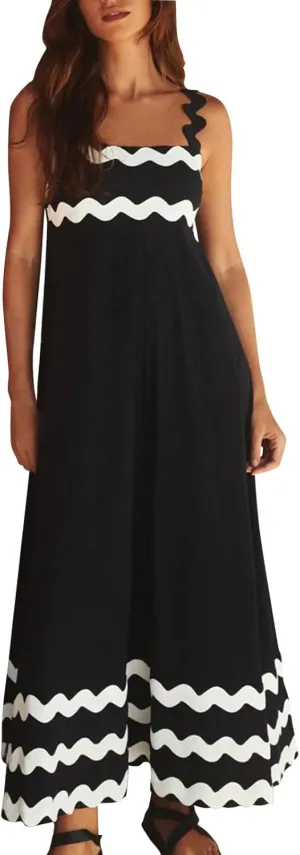 Women Boho Summer Dresses Vacation Spaghetti Strap Backless Trim Tiered A-Line Long Sundress Wedding Guest Dresses