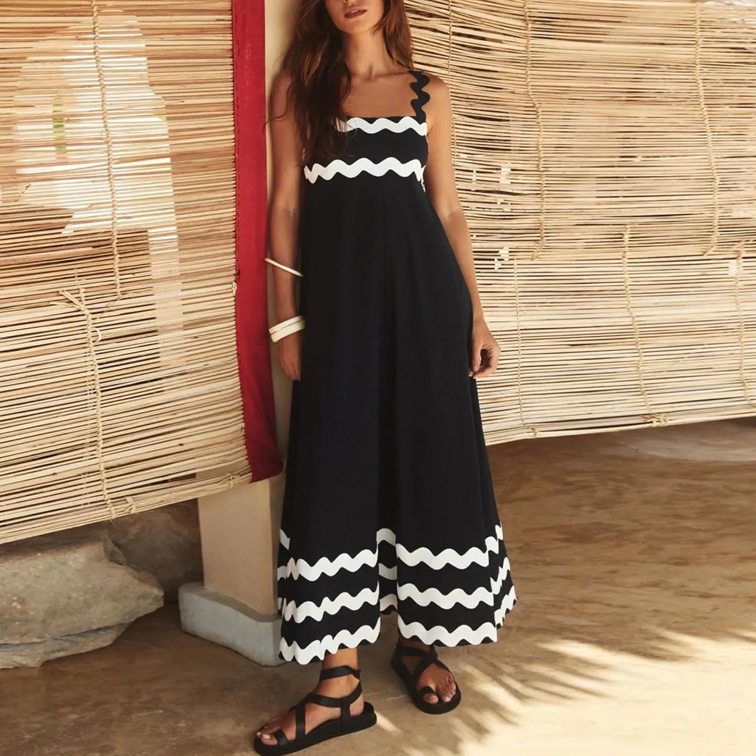 Women Boho Summer Dresses Vacation Spaghetti Strap Backless Trim Tiered A-Line Long Sundress Wedding Guest Dresses