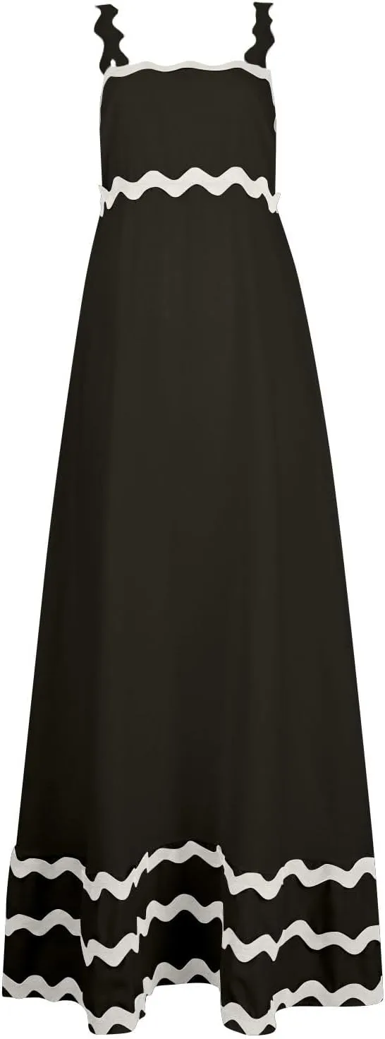 Women Boho Summer Dresses Vacation Spaghetti Strap Backless Trim Tiered A-Line Long Sundress Wedding Guest Dresses