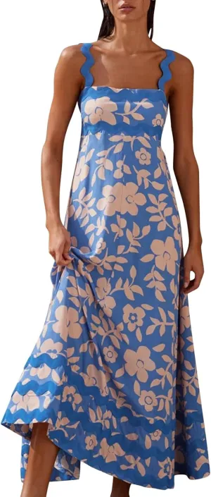Women Boho Summer Dresses Vacation Spaghetti Strap Backless Trim Tiered A-Line Long Sundress Wedding Guest Dresses