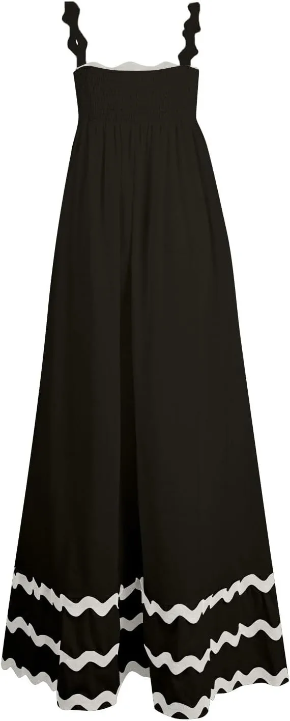Women Boho Summer Dresses Vacation Spaghetti Strap Backless Trim Tiered A-Line Long Sundress Wedding Guest Dresses