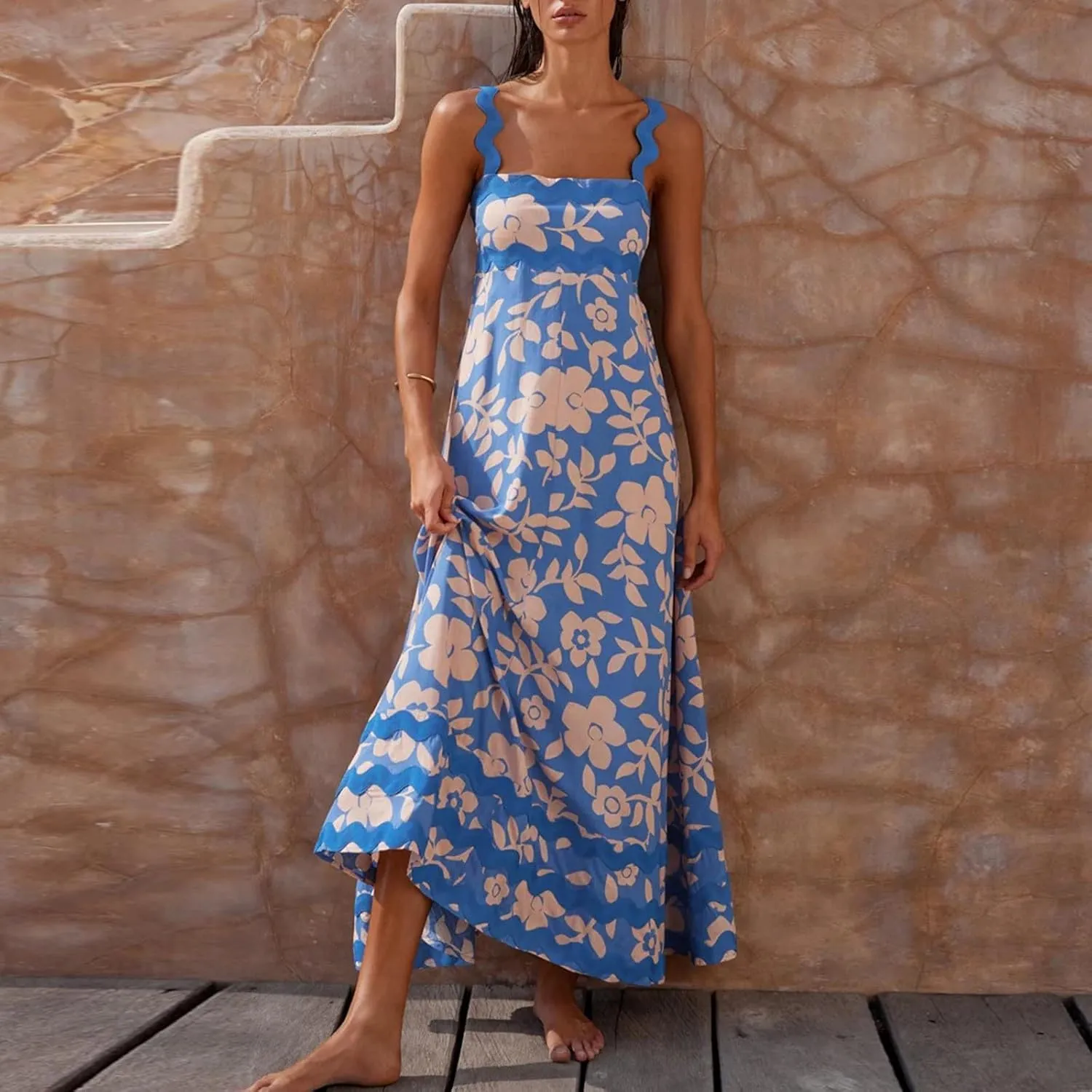 Women Boho Summer Dresses Vacation Spaghetti Strap Backless Trim Tiered A-Line Long Sundress Wedding Guest Dresses