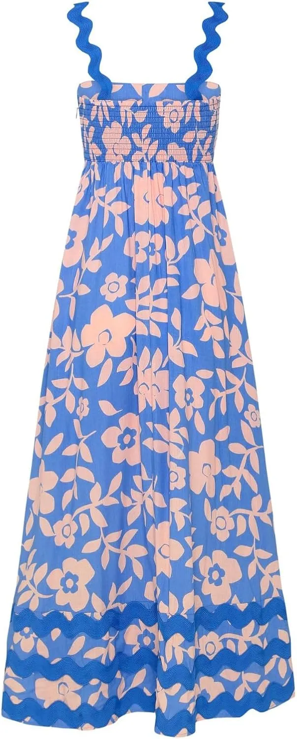 Women Boho Summer Dresses Vacation Spaghetti Strap Backless Trim Tiered A-Line Long Sundress Wedding Guest Dresses