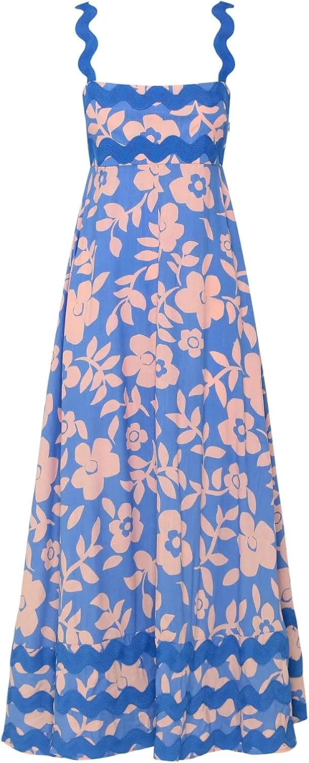 Women Boho Summer Dresses Vacation Spaghetti Strap Backless Trim Tiered A-Line Long Sundress Wedding Guest Dresses