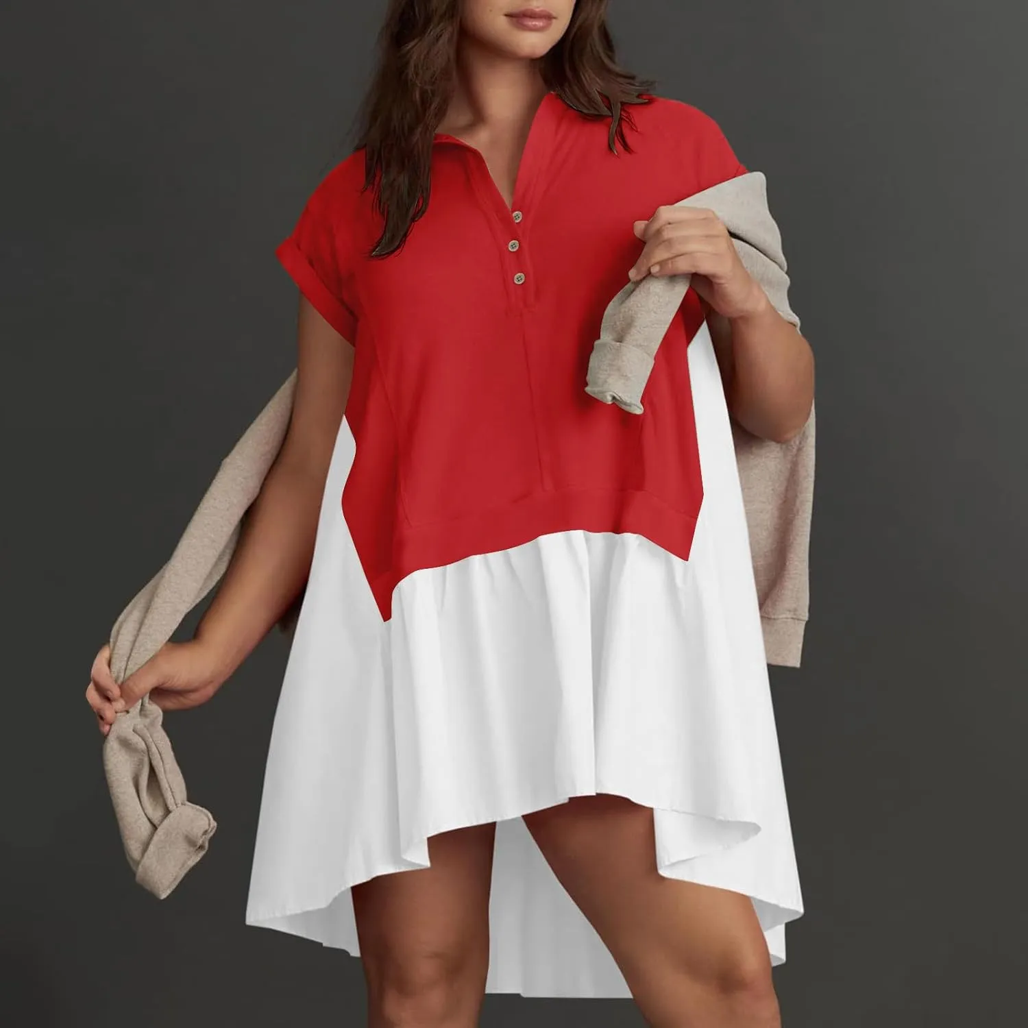 Women Boho Summer Dresses Y2K Patchwork Flowy Ruffle Mini Dress Deep V-Neck Button Casual Floral Beach Sundress