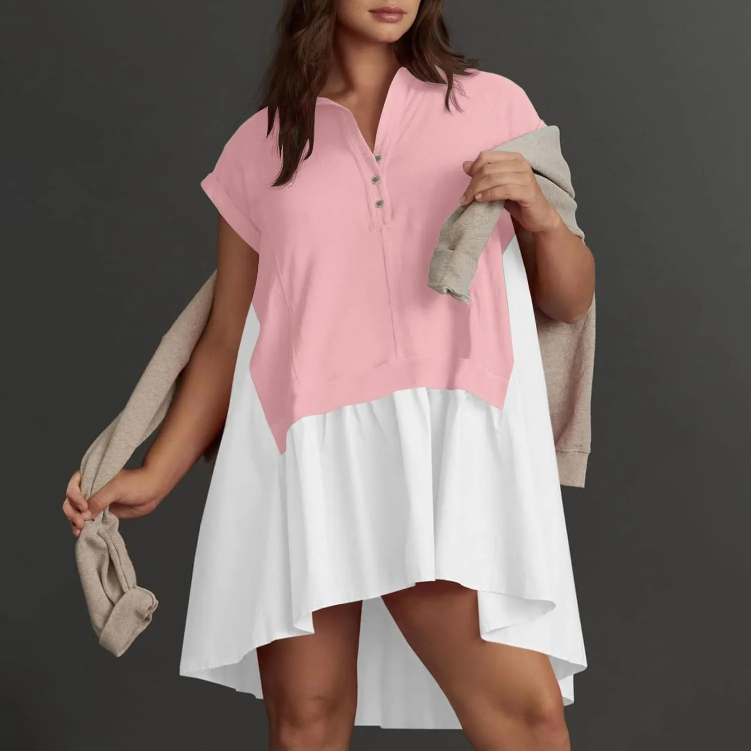 Women Boho Summer Dresses Y2K Patchwork Flowy Ruffle Mini Dress Deep V-Neck Button Casual Floral Beach Sundress