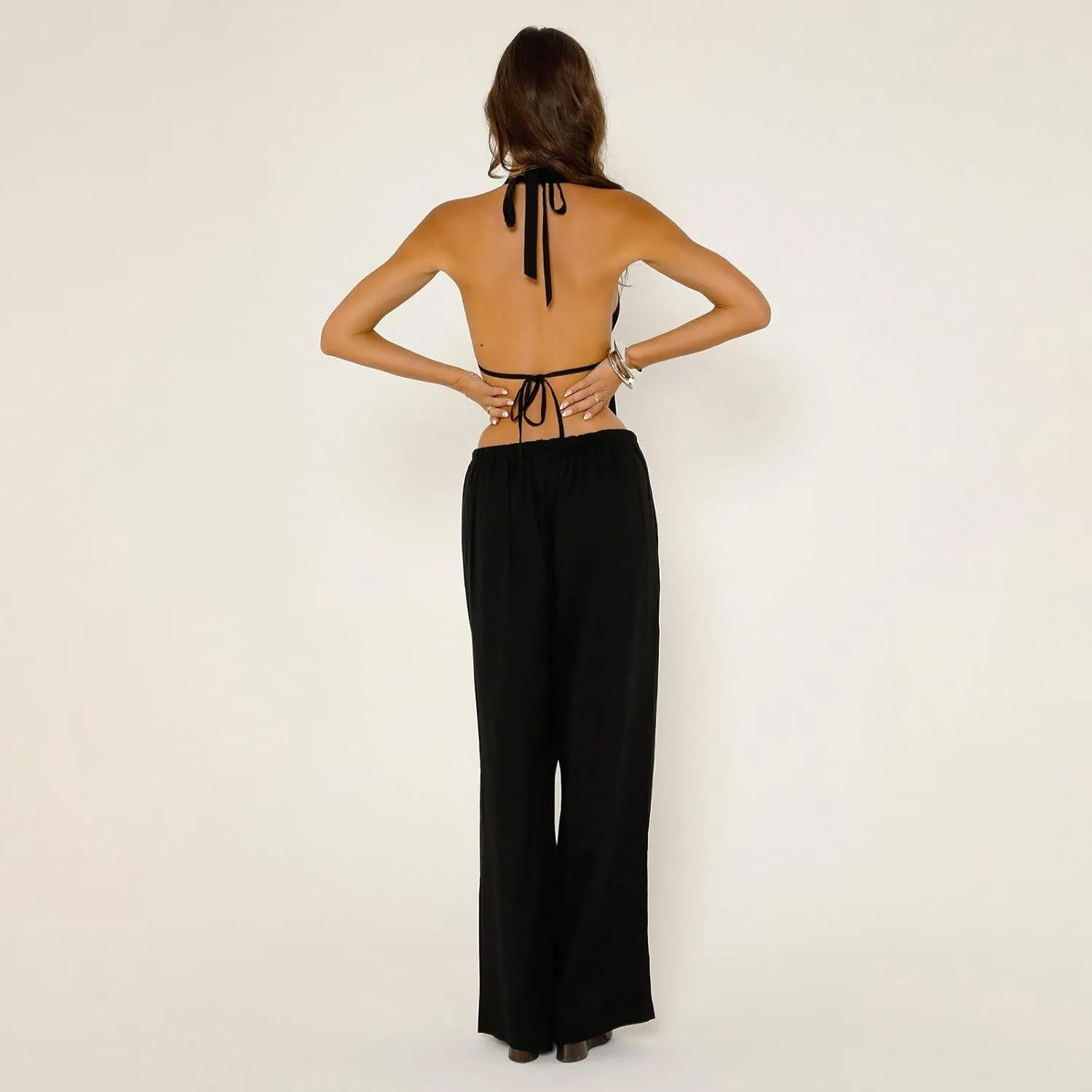 Women Casual 2 Piece Outfits Summer Sleeveless Open Back Crop Top Drawstring Wide Leg Pants Suit Set