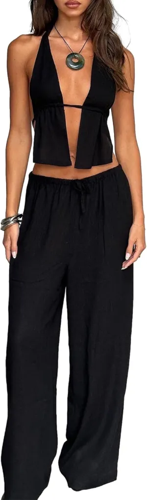 Women Casual 2 Piece Outfits Summer Sleeveless Open Back Crop Top Drawstring Wide Leg Pants Suit Set