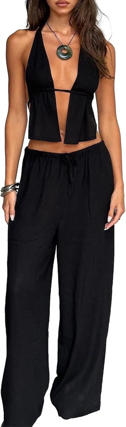 Women Casual 2 Piece Outfits Summer Sleeveless Open Back Crop Top Drawstring Wide Leg Pants Suit Set