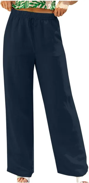 Women Casual Linen Pants Drawstring Elastic High Waist Straight Leg Trousers 2024 Summer Comfy Work Pant with Pocket