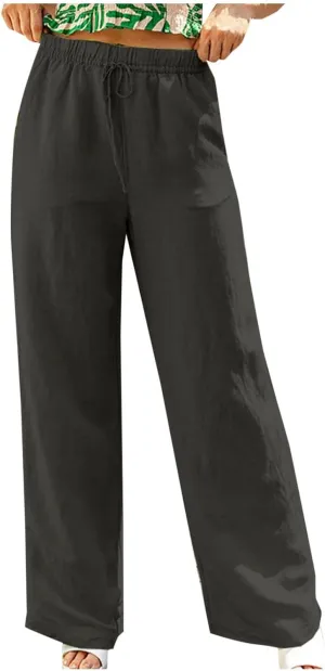 Women Casual Linen Pants Drawstring Elastic High Waist Straight Leg Trousers 2024 Summer Comfy Work Pant with Pocket