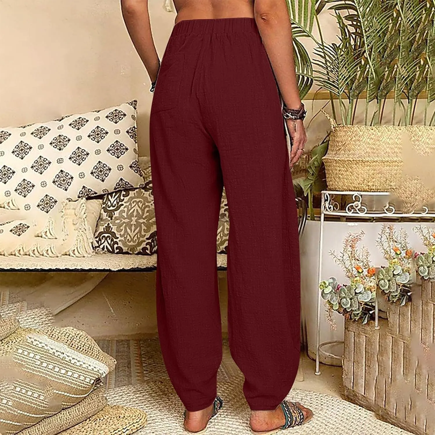 Women Cotton Linen Pants Summer 2024 Fashion Casual Loose Jogger Pants with Elastic Waist Pockets Business Trousers