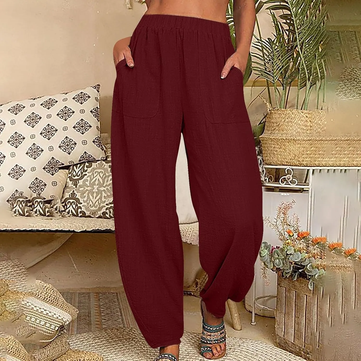 Women Cotton Linen Pants Summer 2024 Fashion Casual Loose Jogger Pants with Elastic Waist Pockets Business Trousers