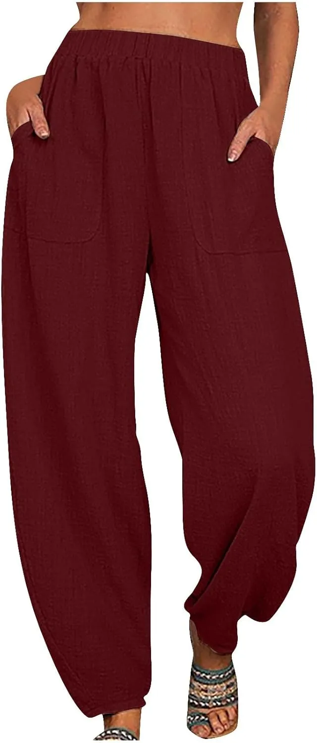 Women Cotton Linen Pants Summer 2024 Fashion Casual Loose Jogger Pants with Elastic Waist Pockets Business Trousers