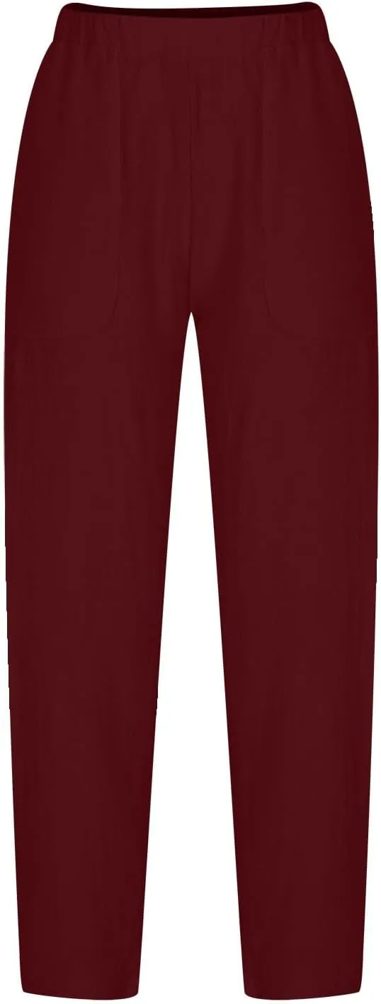 Women Cotton Linen Pants Summer 2024 Fashion Casual Loose Jogger Pants with Elastic Waist Pockets Business Trousers