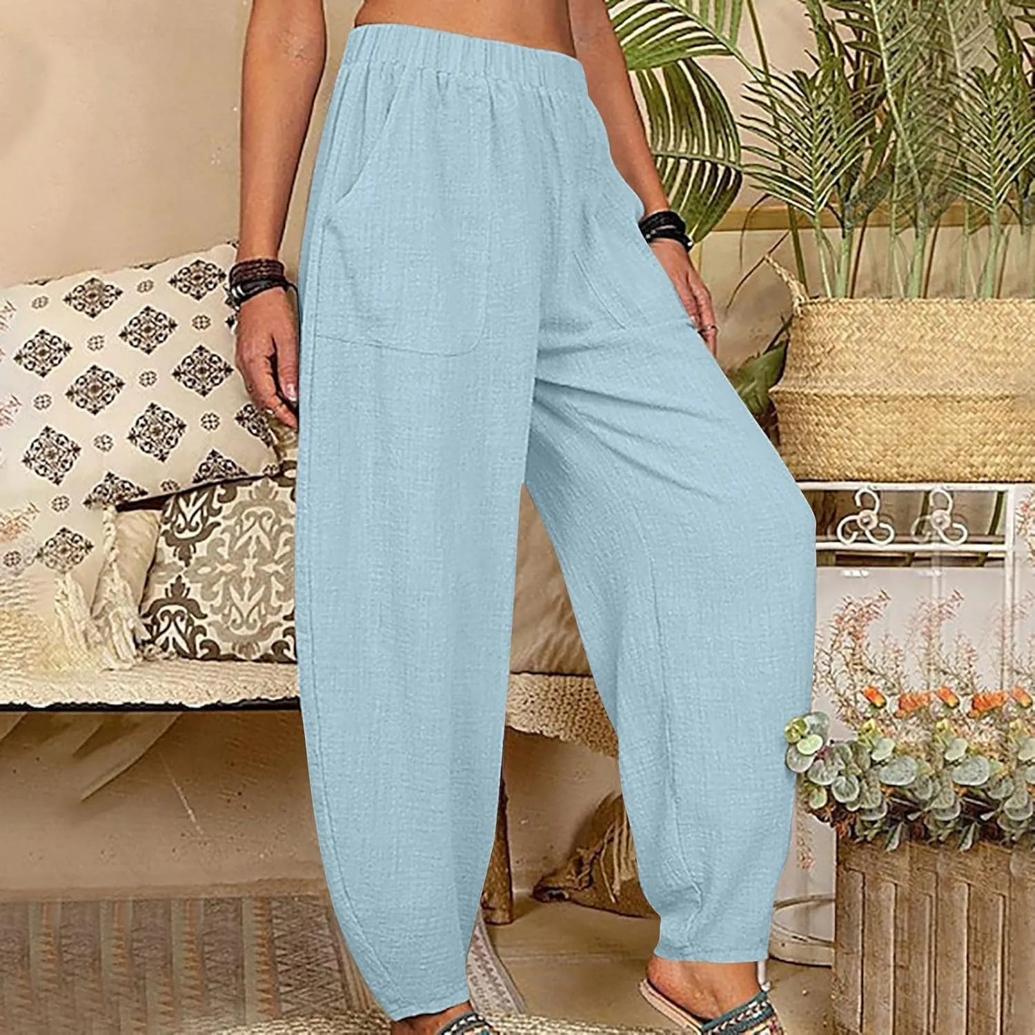 Women Cotton Linen Pants Summer 2024 Fashion Casual Loose Jogger Pants with Elastic Waist Pockets Business Trousers