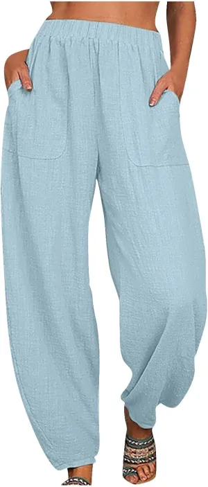 Women Cotton Linen Pants Summer 2024 Fashion Casual Loose Jogger Pants with Elastic Waist Pockets Business Trousers