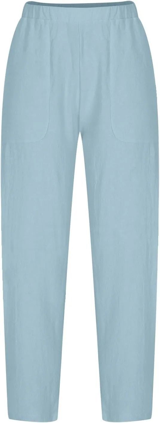 Women Cotton Linen Pants Summer 2024 Fashion Casual Loose Jogger Pants with Elastic Waist Pockets Business Trousers