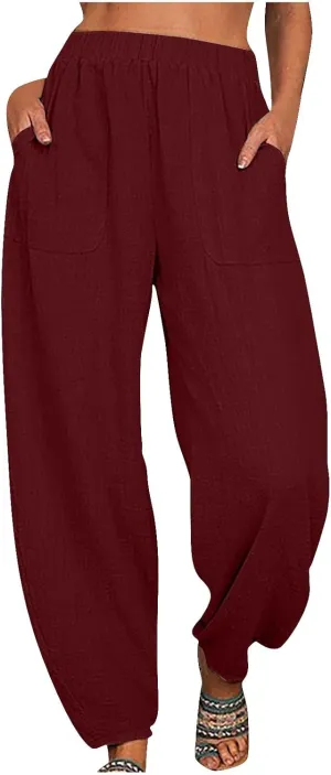 Women Cotton Linen Pants Summer 2024 Fashion Casual Loose Jogger Pants with Elastic Waist Pockets Business Trousers