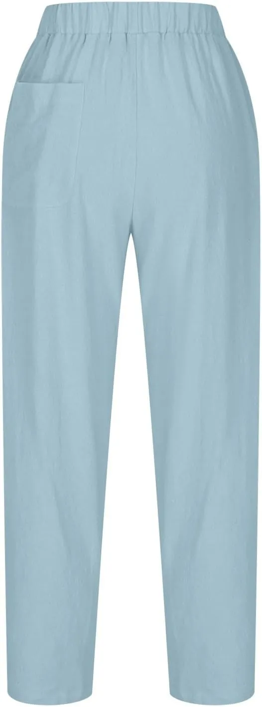 Women Cotton Linen Pants Summer 2024 Fashion Casual Loose Jogger Pants with Elastic Waist Pockets Business Trousers