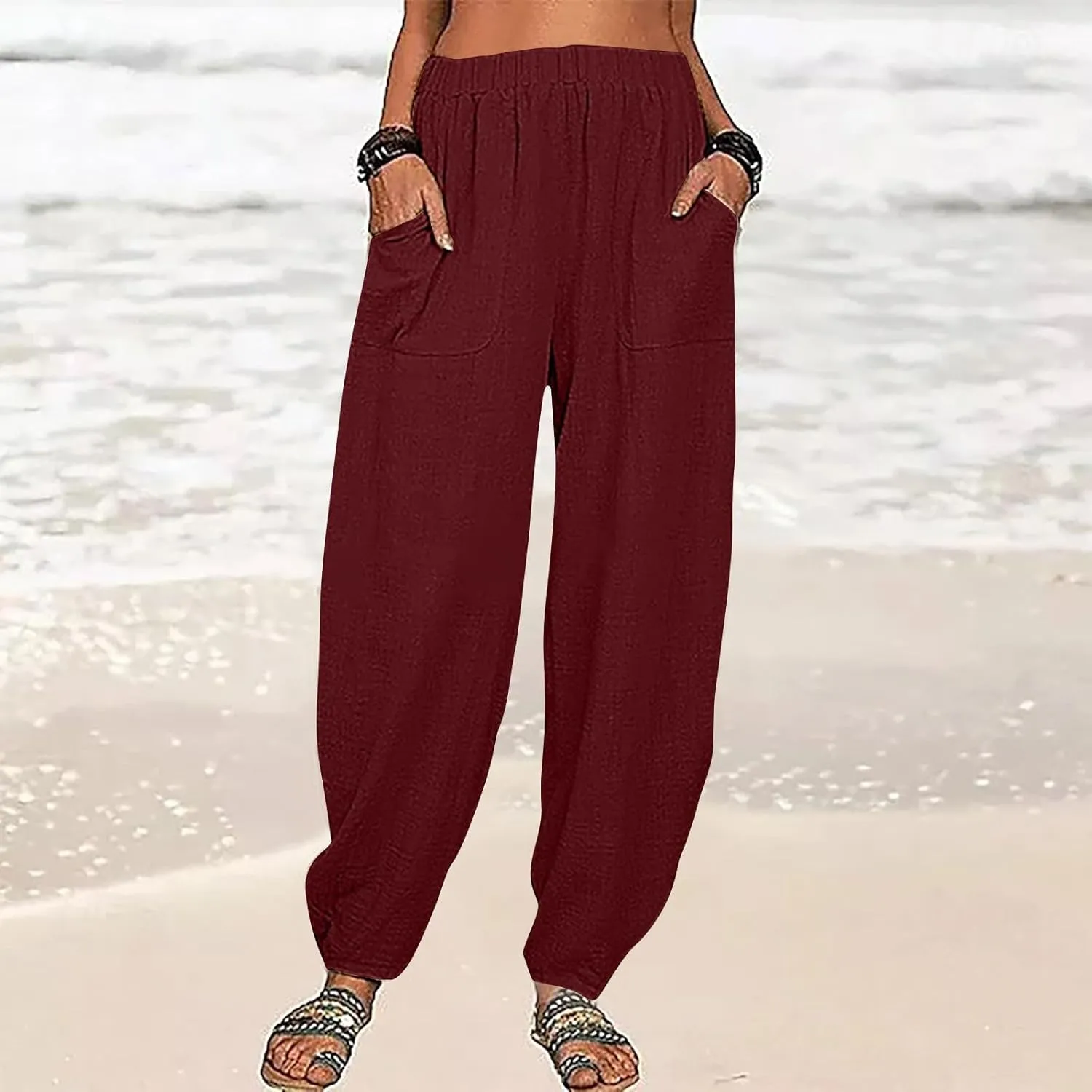 Women Cotton Linen Pants Summer 2024 Fashion Casual Loose Jogger Pants with Elastic Waist Pockets Business Trousers