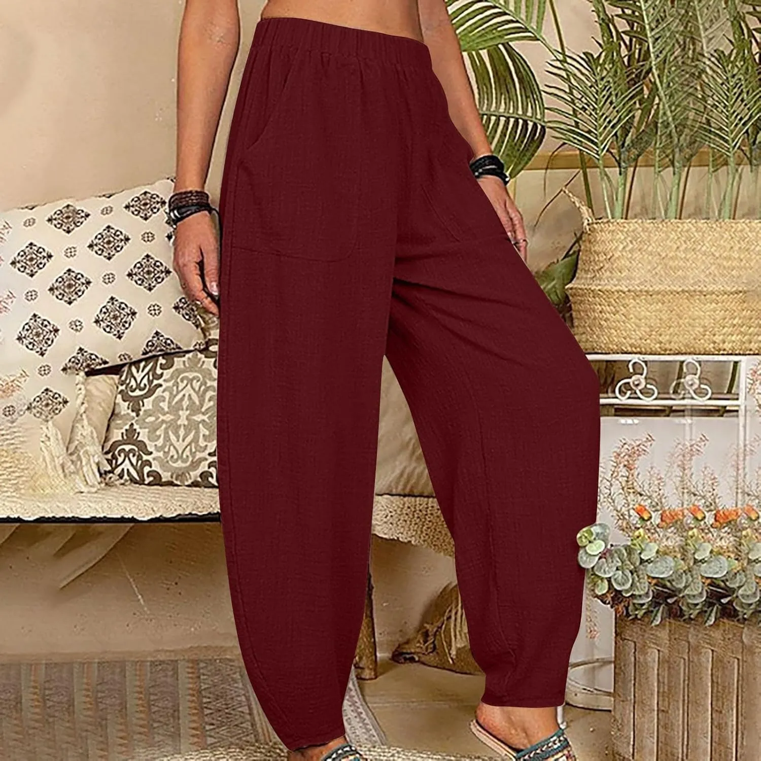 Women Cotton Linen Pants Summer 2024 Fashion Casual Loose Jogger Pants with Elastic Waist Pockets Business Trousers