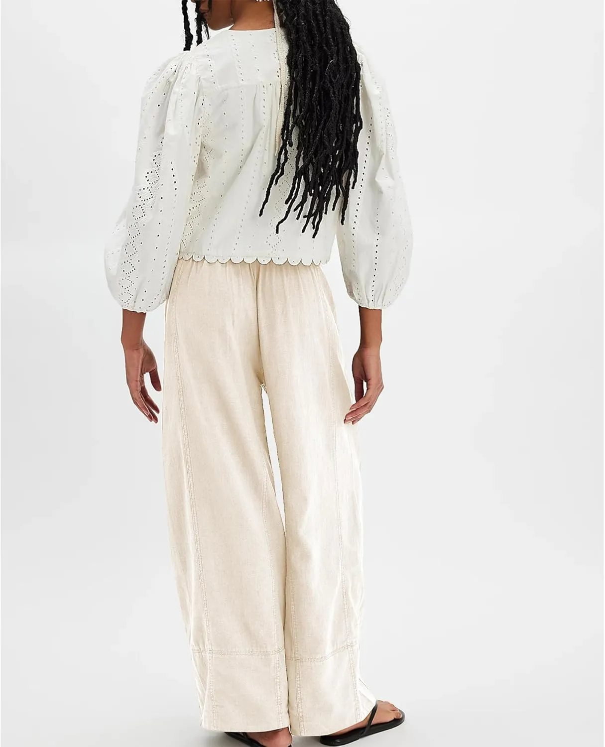 Women Cotton Linen Wide Leg Pants Elastic Waist Baggy Casual Flowy Trousers Vacation Outfits with Pockets