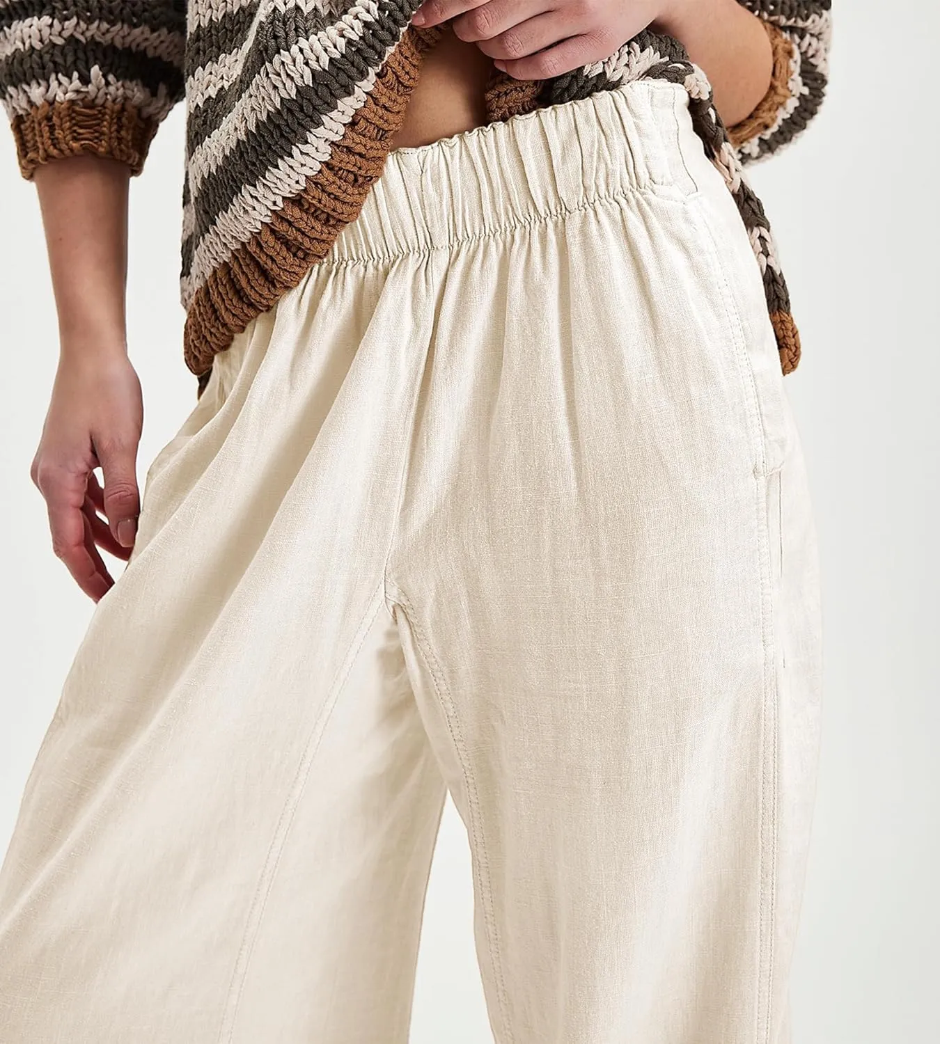Women Cotton Linen Wide Leg Pants Elastic Waist Baggy Casual Flowy Trousers Vacation Outfits with Pockets