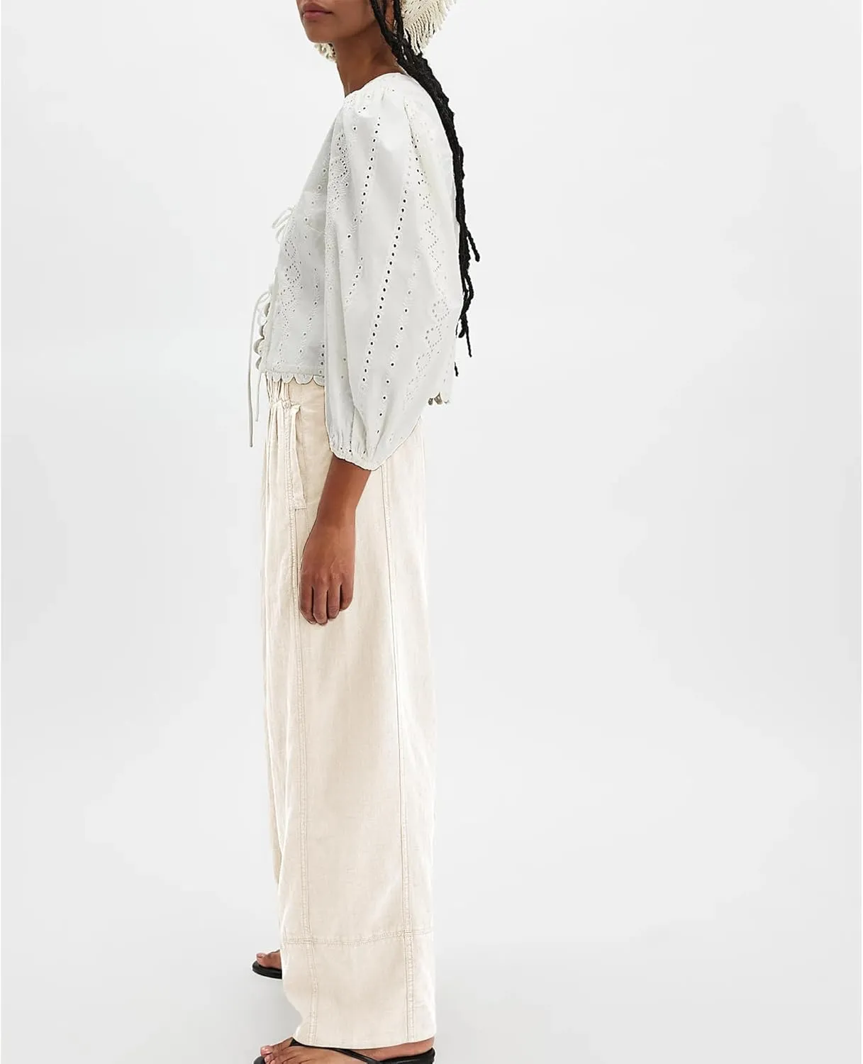 Women Cotton Linen Wide Leg Pants Elastic Waist Baggy Casual Flowy Trousers Vacation Outfits with Pockets