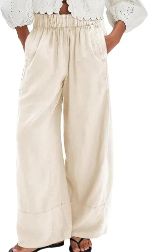 Women Cotton Linen Wide Leg Pants Elastic Waist Baggy Casual Flowy Trousers Vacation Outfits with Pockets