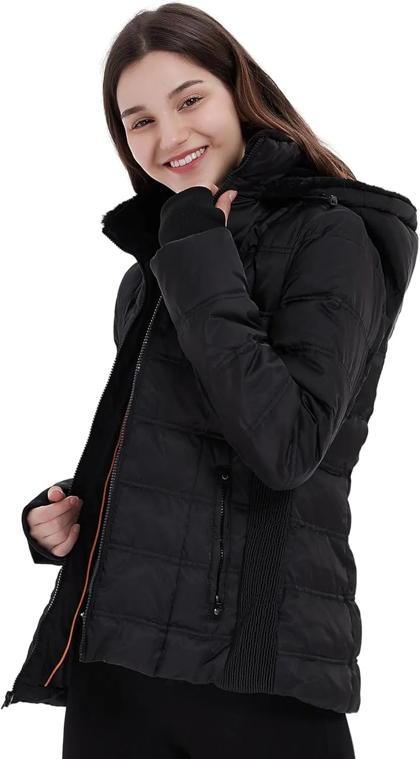 Women Down Puffer Jacket, Hooded Puffer Coat with Faux-Fur Hood & Collar Thumb Hole