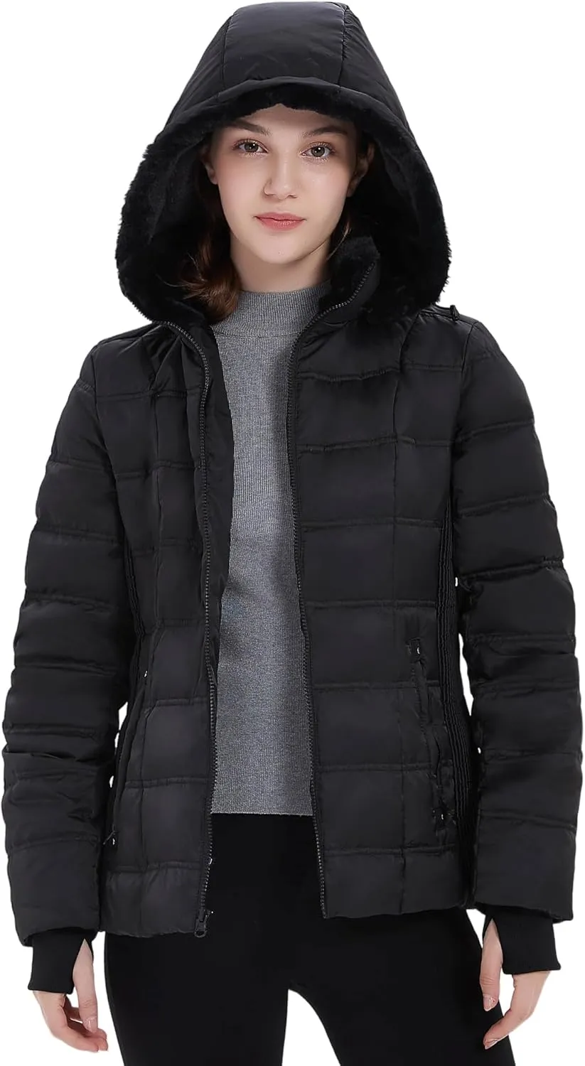 Women Down Puffer Jacket, Hooded Puffer Coat with Faux-Fur Hood & Collar Thumb Hole