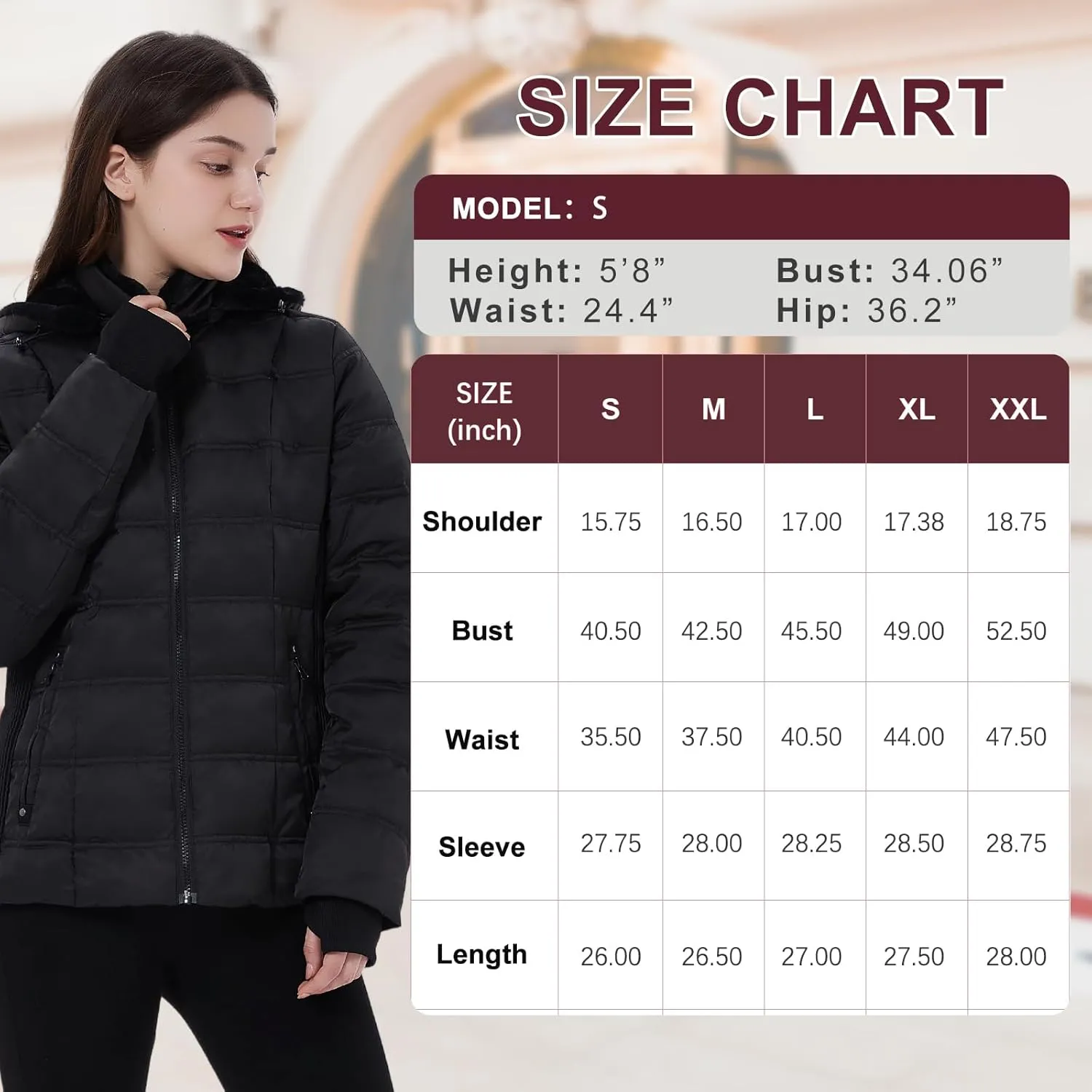 Women Down Puffer Jacket, Hooded Puffer Coat with Faux-Fur Hood & Collar Thumb Hole