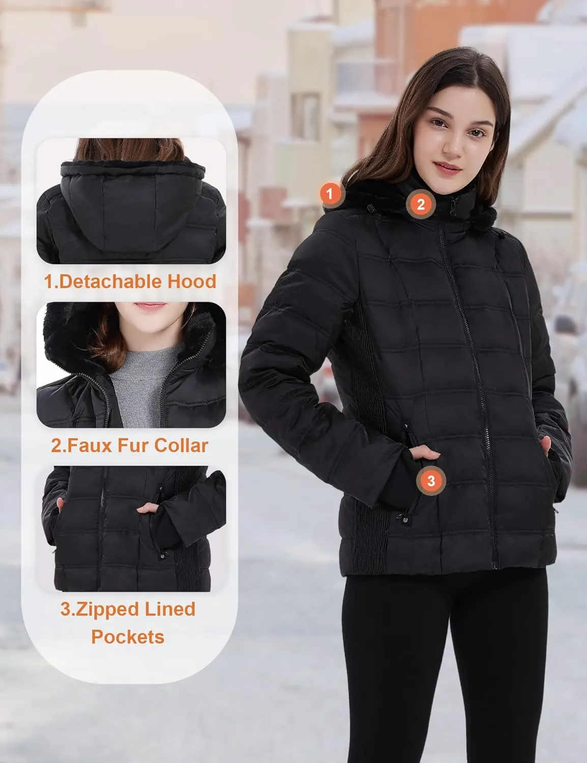 Women Down Puffer Jacket, Hooded Puffer Coat with Faux-Fur Hood & Collar Thumb Hole