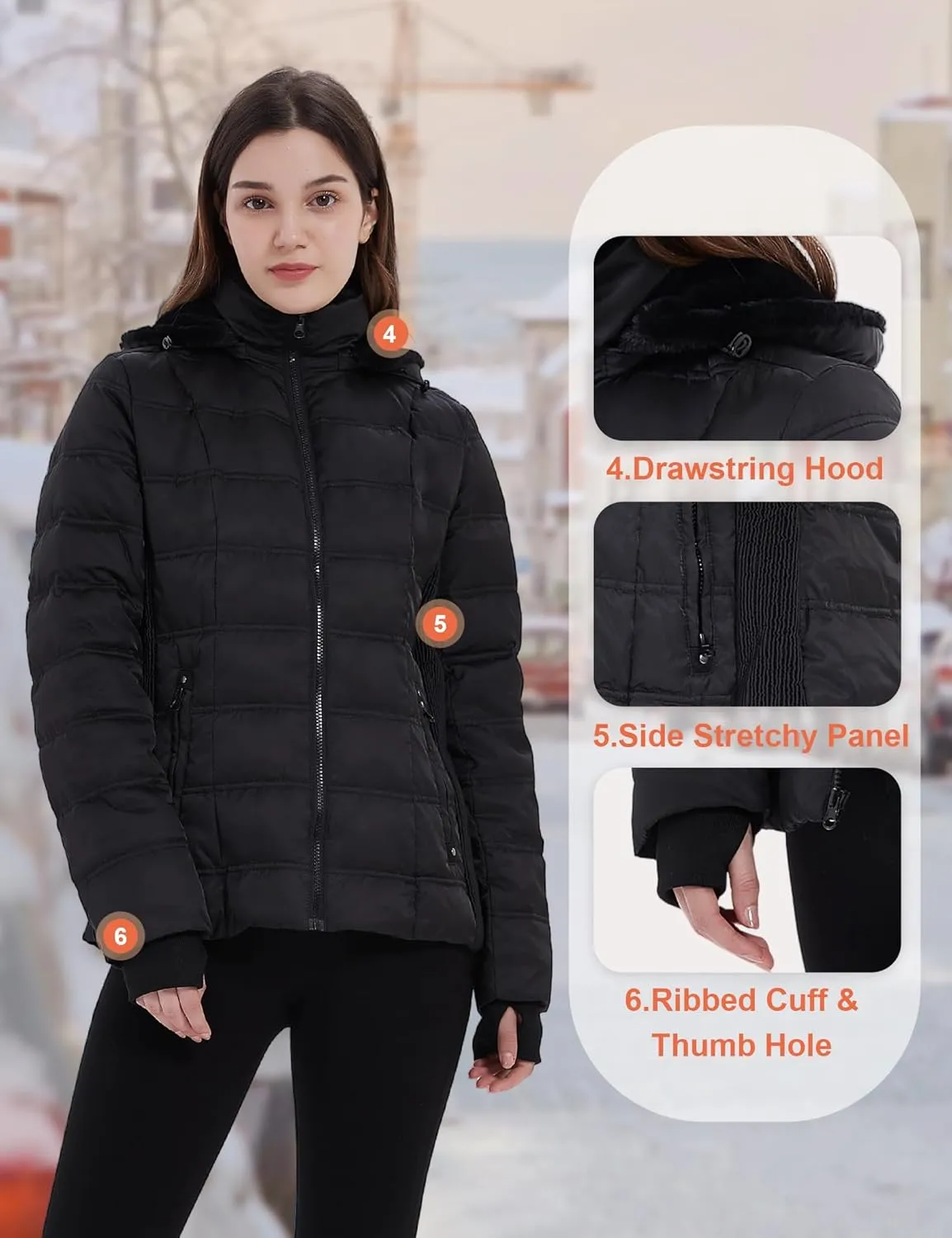 Women Down Puffer Jacket, Hooded Puffer Coat with Faux-Fur Hood & Collar Thumb Hole