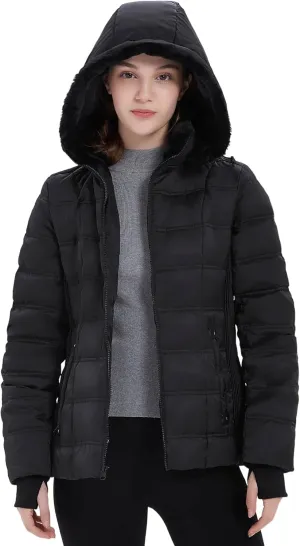 Women Down Puffer Jacket, Hooded Puffer Coat with Faux-Fur Hood & Collar Thumb Hole