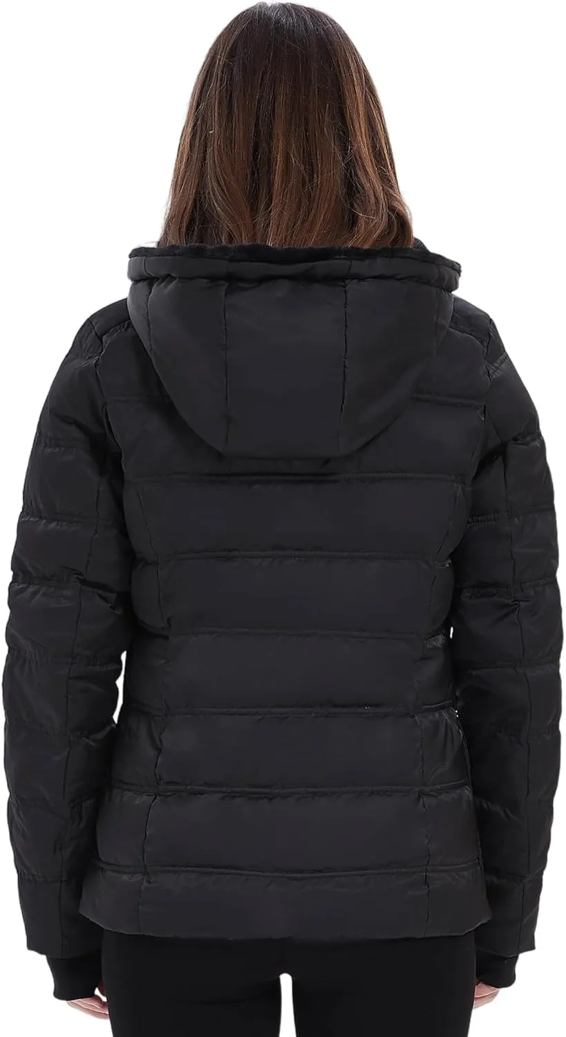 Women Down Puffer Jacket, Hooded Puffer Coat with Faux-Fur Hood & Collar Thumb Hole
