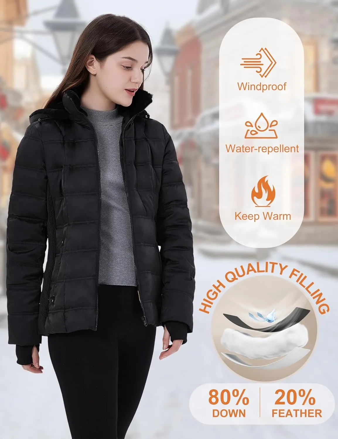 Women Down Puffer Jacket, Hooded Puffer Coat with Faux-Fur Hood & Collar Thumb Hole