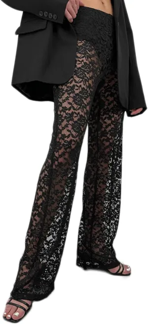 Women Floral Lace Sheer Mesh Pants See Through Straight Leg Pants Hollow Out Trousers Cover Up Pants Y2k Streetwear