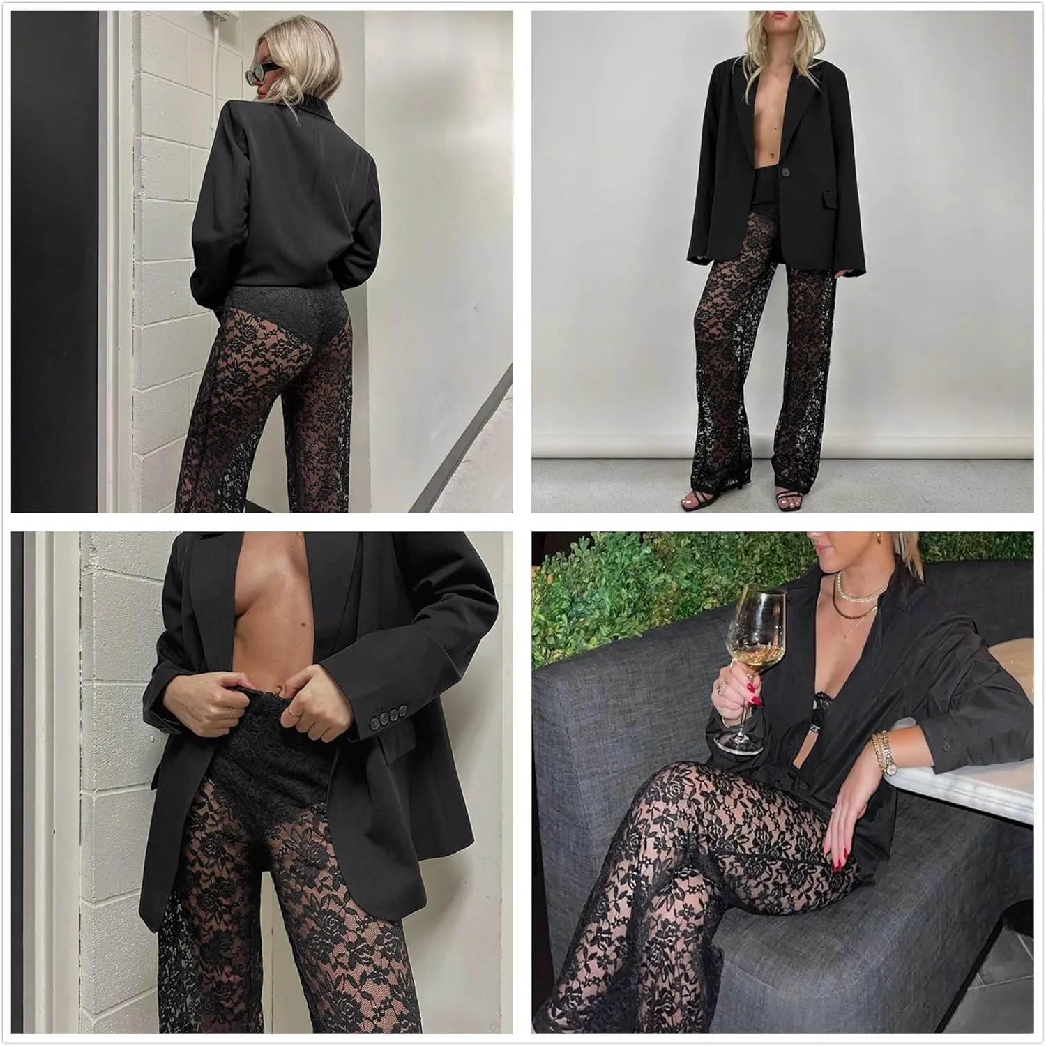 Women Floral Lace Sheer Mesh Pants See Through Straight Leg Pants Hollow Out Trousers Cover Up Pants Y2k Streetwear